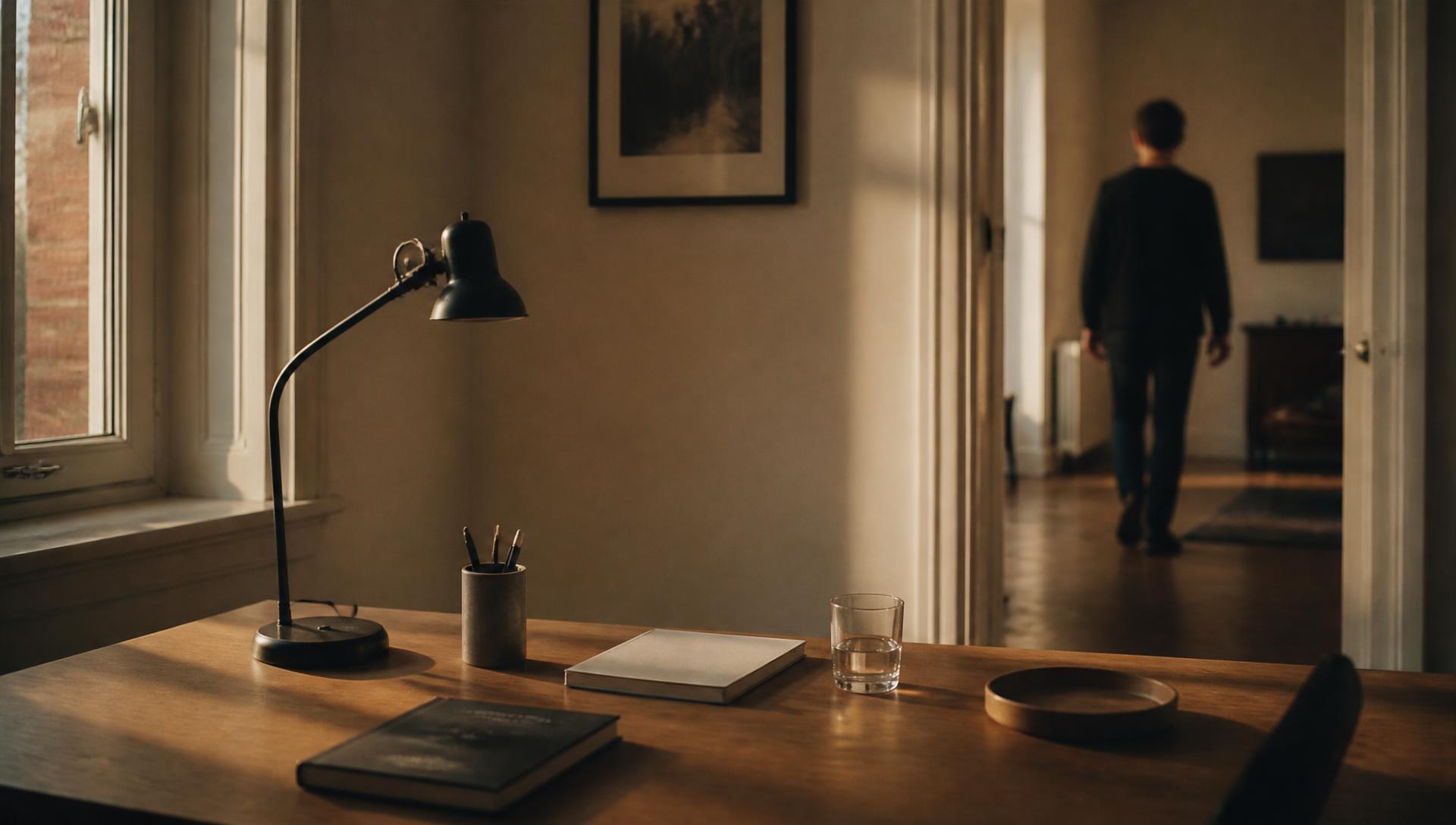 Een rustig bureau bij het raam in het late licht