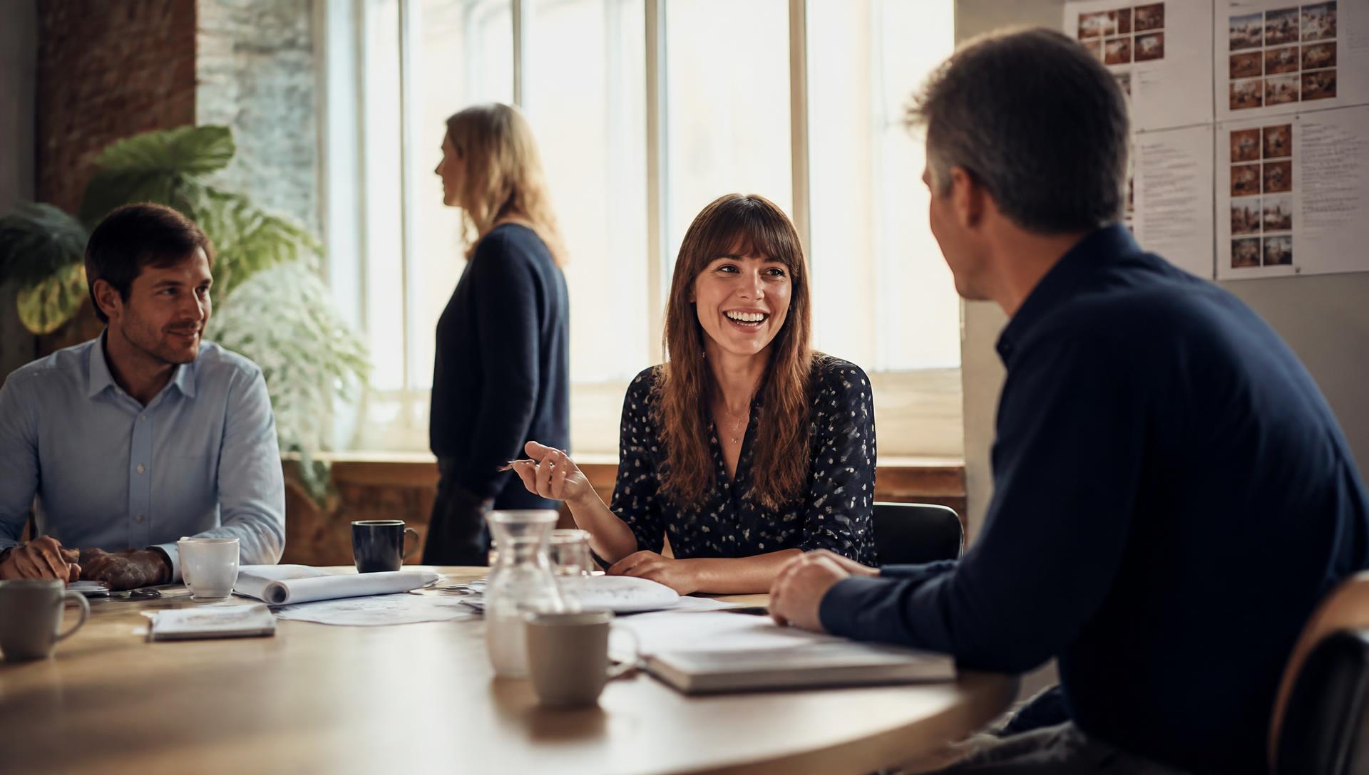 Collega's in gesprek aan een grote tafel bij daglicht