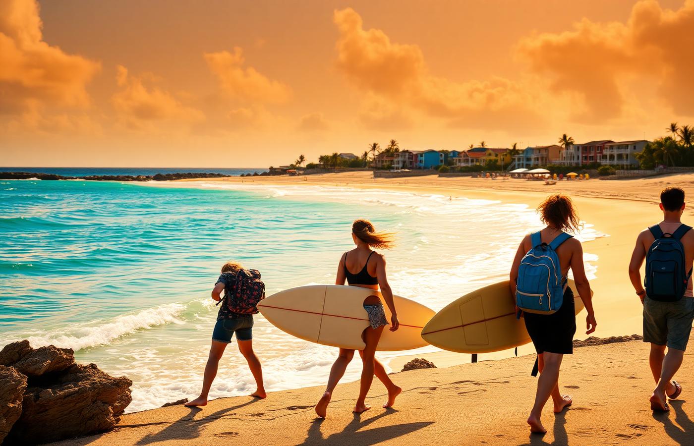 Jongeren lopen langs de kust van Curaçao met surfboards
