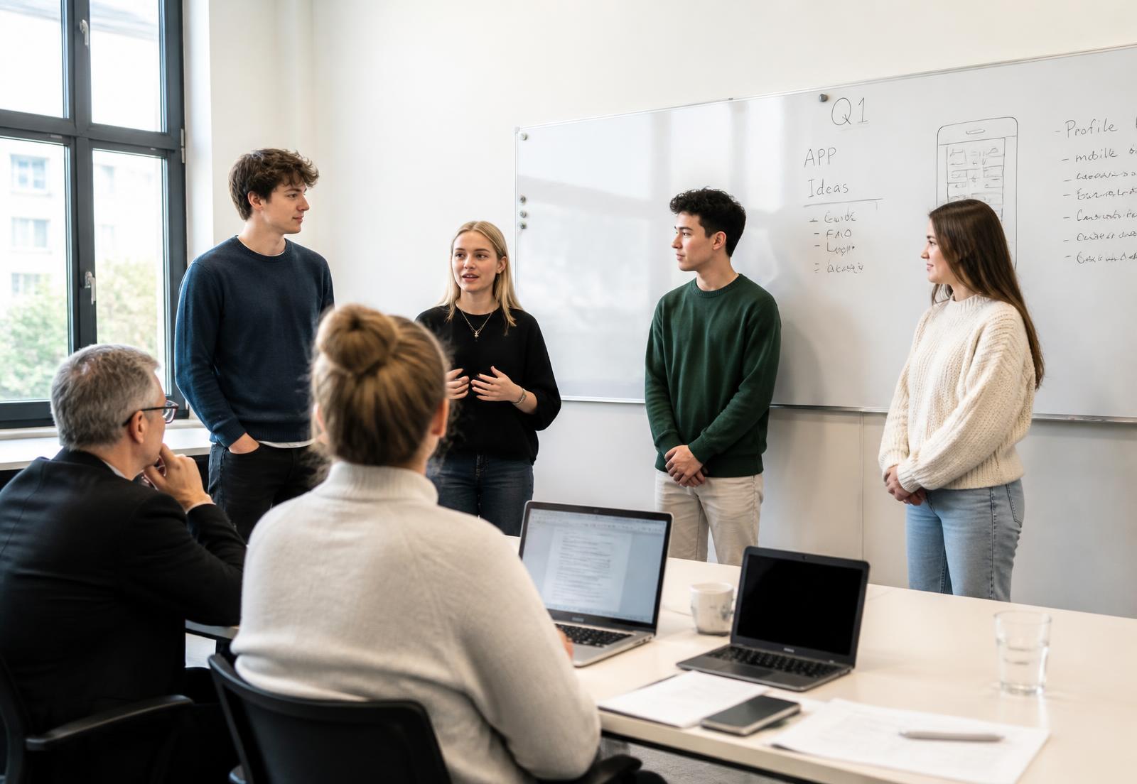 Ouder en jongvolwassene in gesprek aan een lichte tafel