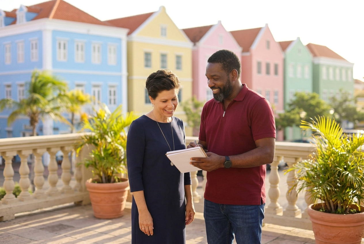 Adviseurs op een terras in Willemstad Curaçao