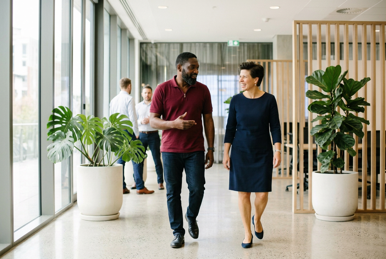 Adviseurs in gesprek in een lichte kantoorlobby